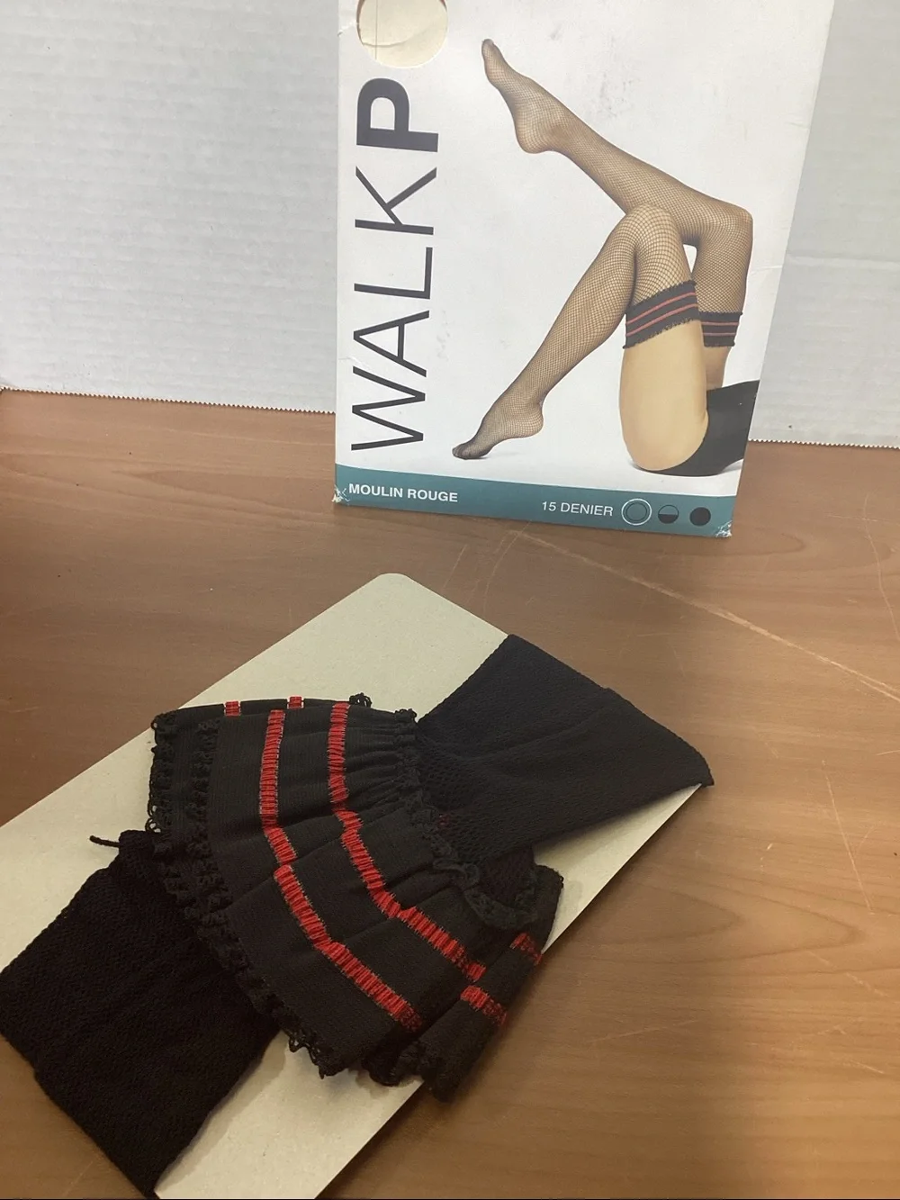 WALKPOP Fishnet Thigh-High Stockings in Black with Red Stripes